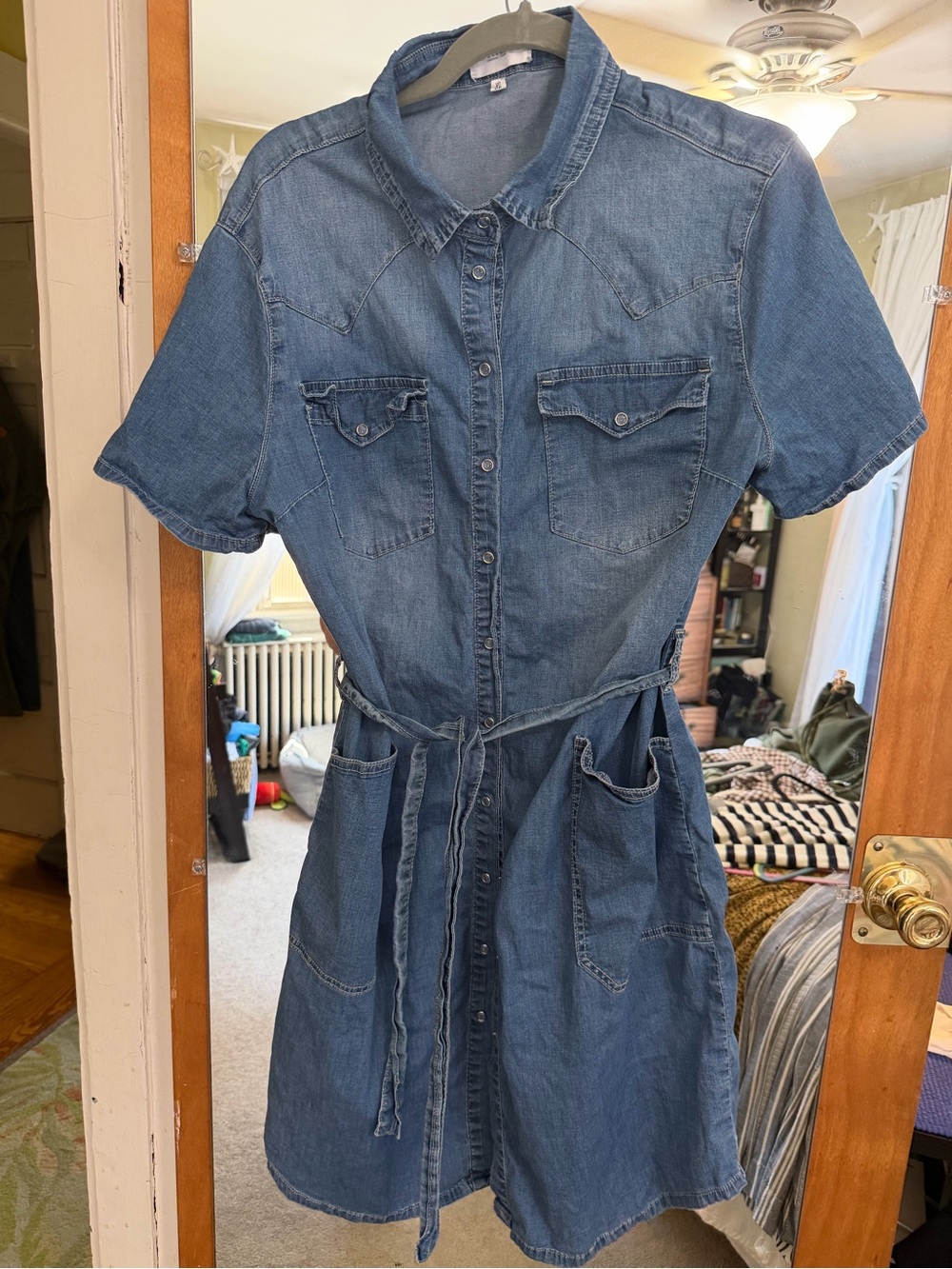 Classic Blue Denim Shirt Dress with Tie Waist